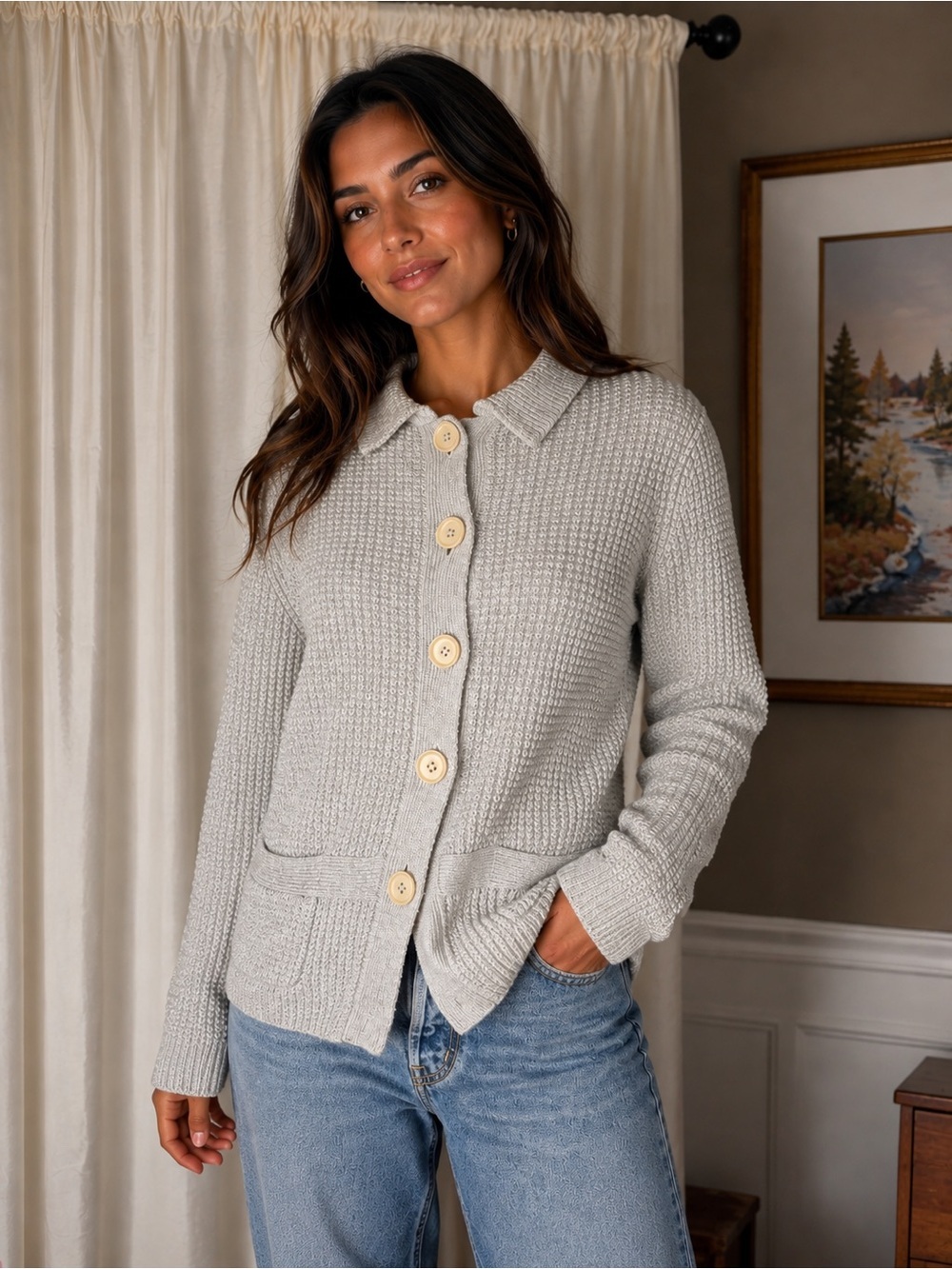 Boden Chunky Button-Front Collar Cardigan Sweater in Light Gray